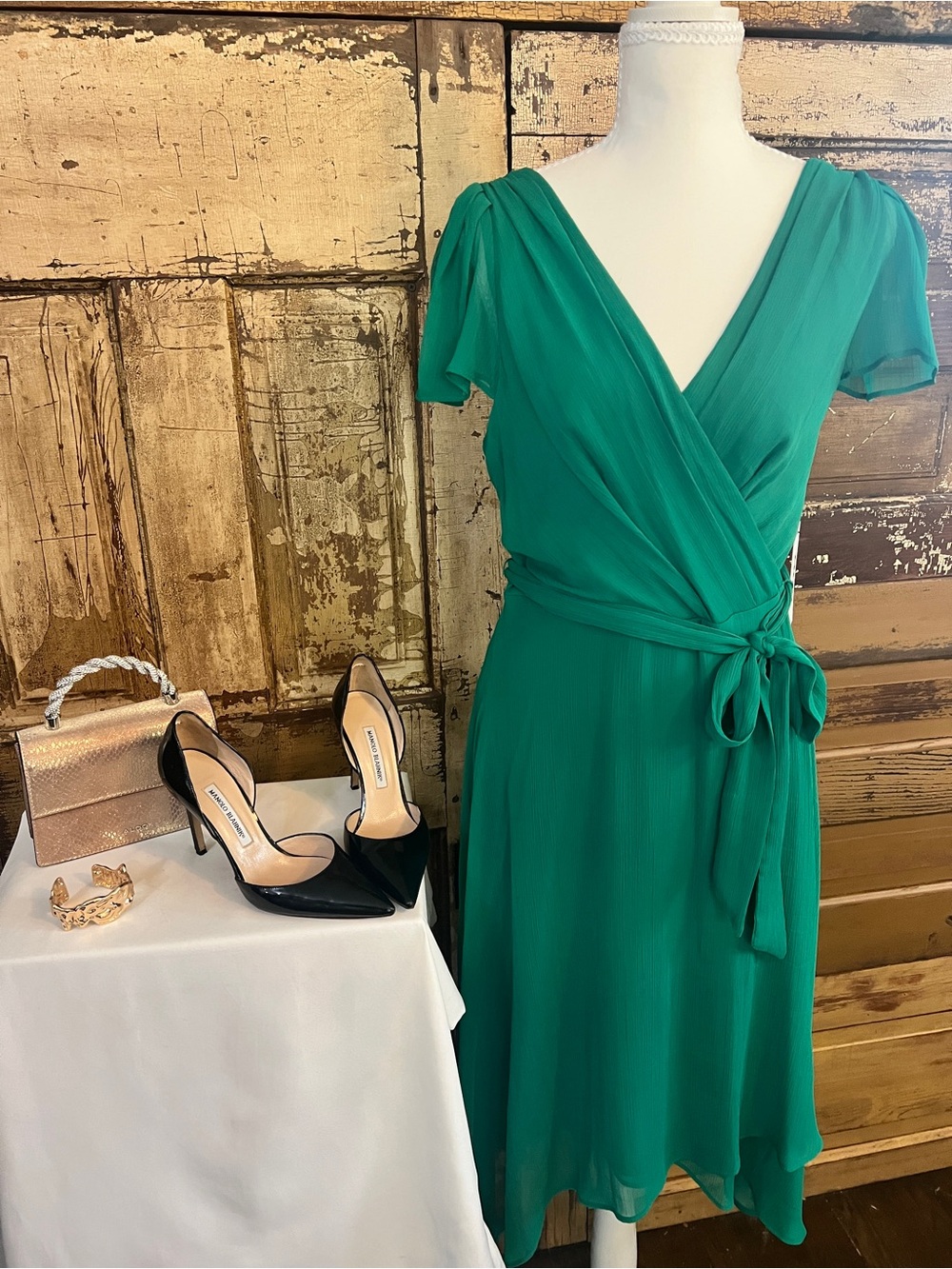 DKNY Size 10 | NWT Emerald Green Faux Wrap Dress | High Low Wedding Guest Dress